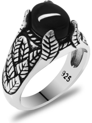 Tesbihane Oval Oniks Taşlı Modern Tasarım 925 Ayar Gümüş Erkek Yüzük