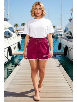 Benerly Kadın Büyük Beden Şort Yüksek Bel Kısa Boy Örme Slogan Baskılı Biye Detaylı Regular Kalıp