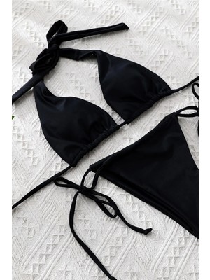 Modadua Kadın Siyah Yandan Bağlamalı Tangalı Üçgen Bikini Mayo Takımı