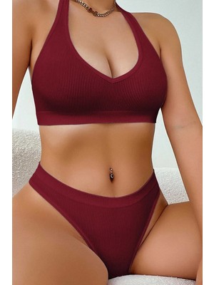 Modadua Kadın Bordo Seamless Tanga Sütyen Takım