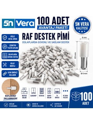 5N Vera 100 Adet Raf Destek Pimi Seti | Metal Gövdeli Plastik Kaplamalı Dolap Raf Tutucu | Gardırop Kitaplık Mutfak Dolabı Raf Taşıyıcı Aparatı