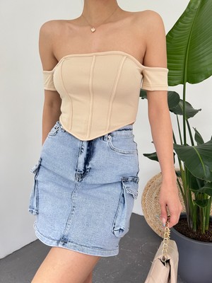 Balva Konsept Sırt Fermuarlı Omuz Detaylı  Crop Bluz -Bej - 38 Beden