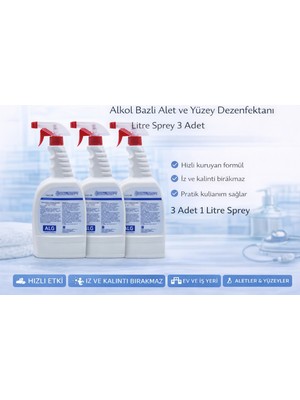 Alkol Bazlı Alet ve Yüzey Dezenfektanı 1 Litre Sprey 3 Adet