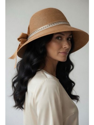 Mollycrush Kadın Premium   Camel Kurdele Detaylı Hasır Güneş Şapkası   L  Günlük ve Plaj Kullanımına Uygun Cloche Model