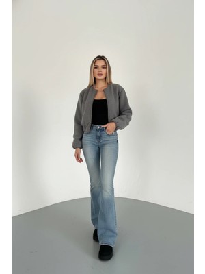 Lior Design Kadın Mevsimlik Crop Kalın Dokulu Fermuarlı Bomber Ceket