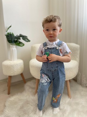 Mişsa Bebe Sevimli Fare Baskılı Mavi Kot Salopet ve Tişört Takımı