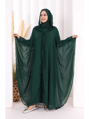 Bym Fashion Kapişonlu Abayalı Elbise Takım 3778 Zümrüt