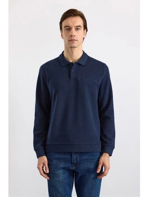 Süvari Lacivert Regular Düz Polo Yaka Sweatshirt