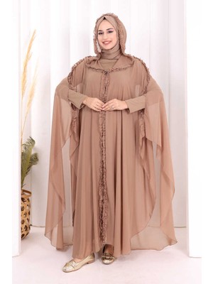Bym Fashion Kapişonlu Abayalı Elbise Takım 3778 Vizon