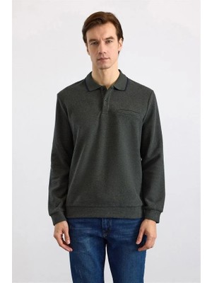 Süvari Haki Regular Düz Polo Yaka Sweatshirt