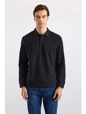 Süvari Siyah Regular Düz Polo Yaka Sweatshirt