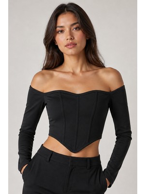 Rosa By Belle Kadın Düşük Omuz Uzun Kollu Korseli Crop Bluz 3435