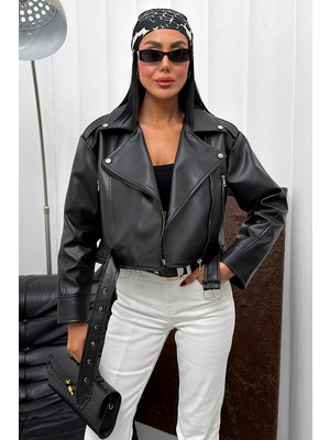 Moda Armanc Kadın Kemerli Oversize Crop Deri Ceket - Yeni Sezon Biker Deri Ceket