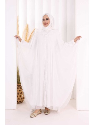Bym Fashion Kapişonlu Abayalı Elbise Takım 3778 Ekru