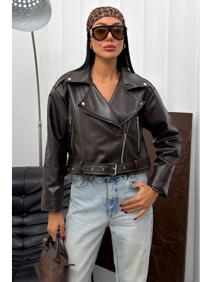 Moda Armanc Kadın Kemerli Oversize Crop Deri Ceket - Yeni Sezon Biker Deri Ceket