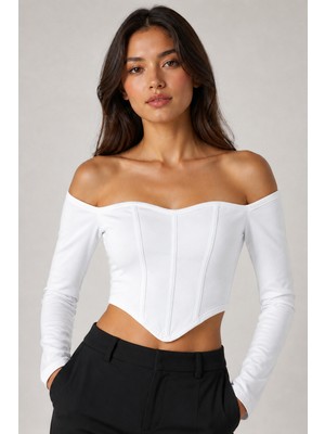 Rosa By Belle Kadın Düşük Omuz Uzun Kollu Korseli Crop Bluz 3435