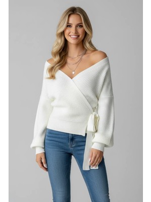Lior Design Kadın Oversize V Yaka Düşük Omuz Kuşaklı Fitilli Kazak