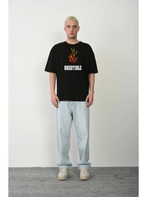 Unisex Bisiklet Yaka Baskılı Oversize T-Shirt - Siyah