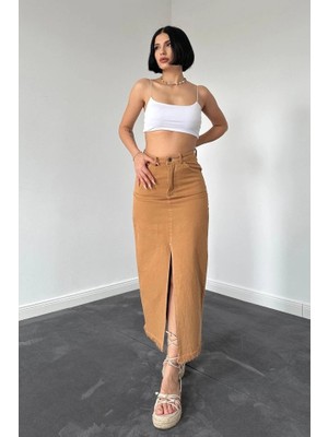 Camel Gabardin Boyamalı Püsküllü Etek
