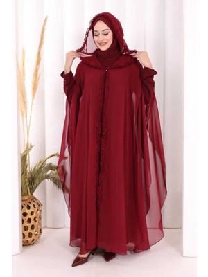 Bym Fashion Kapişonlu Abayalı Elbise Takım 3778 Bordo