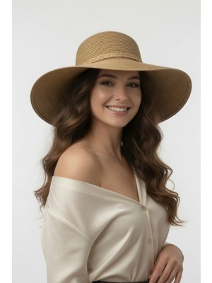 Mollycrush Luxury Kadın Camel Örgü Bağcık Detaylı Hasır Güneş Şapkası -  Geniş Kenarlı Yazlık Plaj ve Tatil Modeli