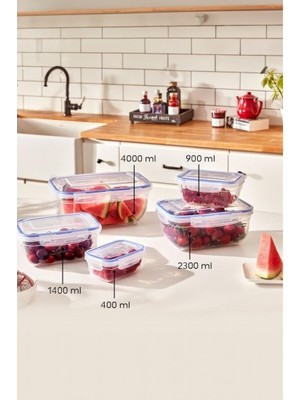 Dikdörtgen 5 Parça Contalı Vakumlu Sızdırmaz Hava Almaz Saklama Kabı Seti (4000/2300/1400/900/400 Ml)