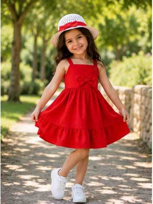 Lovinya Kids Şapkalı Fiyonk Detaylı Büzgülü Elbise