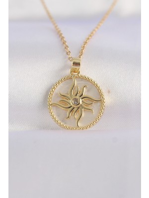 Onba 316L Çelik Zincir Altın Renk Zirkon Taşlı Oval Tasarım Güneş Kolye 5886 - OB4464-1311