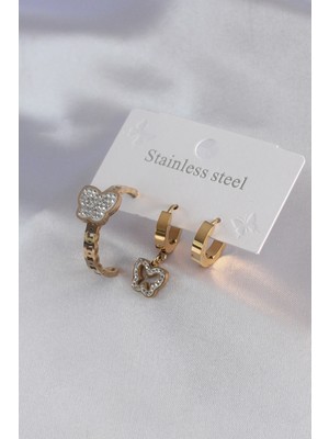 Onba 316L Çelik Gold Renk Kelebek Model Zirkon Taş Detay Kadın Küpe Kombini 5886 - OB5432-7331