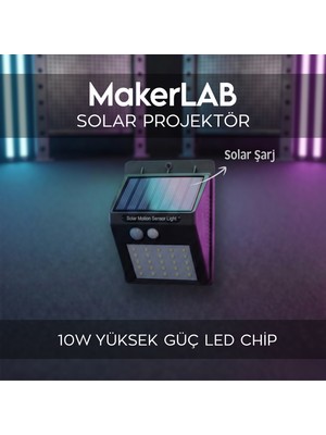 Makerlab Solar Projektör, Bahçe Aydınlatma 10W Sensörlü