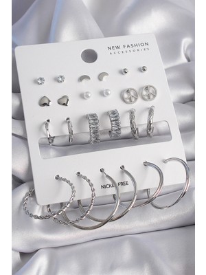 Onba Pirinç Gümüş Renk Zirkon Taşlı 12 Çift Kadın Küpe Seti 5886 - OB2347-6055