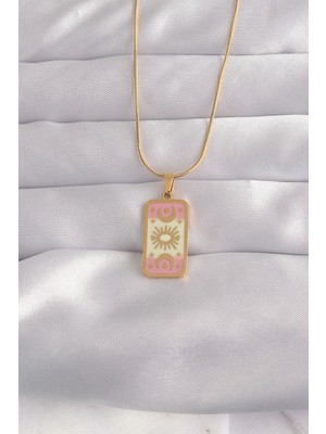 Onba 316L Çelik Gold Renk Karışık Mineli Ay Figür Tarot Kolye 5886 - OB3794-8326