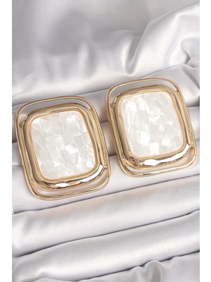 Maxdora Pirinç Gold Renk Beyaz Mineli Kare Model Kadın Küpe 5886 - MX002U-7JU1K4