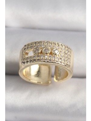 Meks Pirinç Gold Renk Zirkon Taşlı Messika Model Ayarlanabilir Kadın Yüzük 5886 - HEP-6114-7910