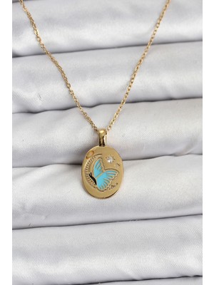 Meks 316L Çelik Zincir Gold Renk Kelebek Figür Kadın Kolye 5886 - HEP-6822-1374