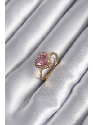 Maxdora Pirinç Gold Renk Pembe Zirkon Taş Kalp Charm Model Kadın Yüzük 5886 - MX002U-7K5HZ1