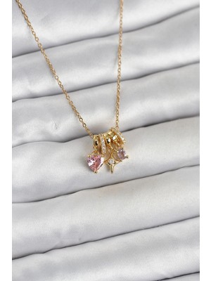 Maxdora 316L Çelik Gold Pembe Zirkon Taşlı Charmlı Kadın Kolye 5886 - MX002U-7JVGB1