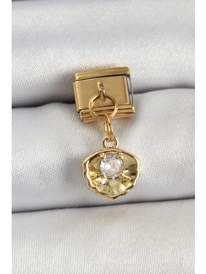 Tgzm 316L Çelik Sallantılı Zirkon Taşlı Istiridye Model Gold Renk Nomination Charm  - TG0012-2QM1M