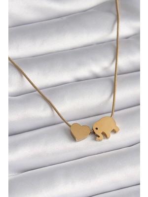Tgzm 316L Çelik Gold Renk Fil Kalp Figürlü Kadın Kolye 5886 - TG0012-2QDIS5