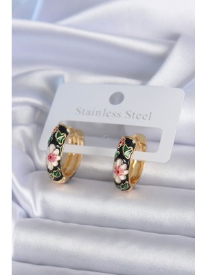 Sbusshop Pirinç Gold Renk Siyah Çiçek Işleme Kadın Küpe 5886 - SB001M-48WOS8
