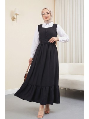 Moda Morfo Top Düğmeli Altı Fırfırlı Beli Kemerli  Jile Elbise  -Siyah