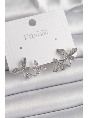 Sbusshop Pirinç Gümüş Renk Zirkon Taşlı Kelebek Model Kadın Küpe 5886 - SB001M-48WXS7