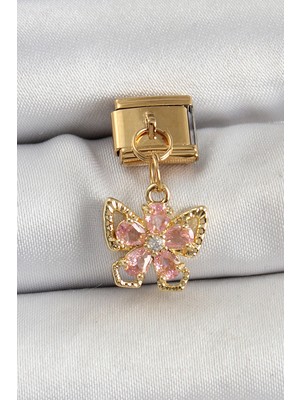 Tgzm 316L Çelik Sallantılı Zirkon Taşlı Çiçek Figürlü Kelebek Model Gold Renk No - TG0012-2QM1F