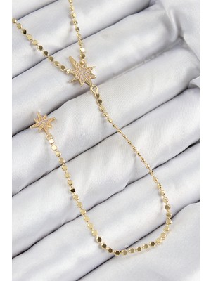 Tgzm Pirinç Zirkon Taşlı Ezme Zincirli Kutup Yıldızı Model Gold Renk Y Kolye 5886 - TG0012-2QMM66