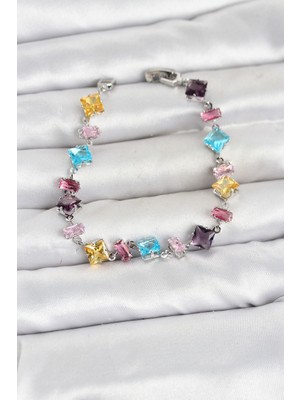 Tgzm Kristal Taşlı Kesimli Karışık Renkli Gümüş Renk Gema Kadın Bileklik 5886 - TG0012-2QO7G3