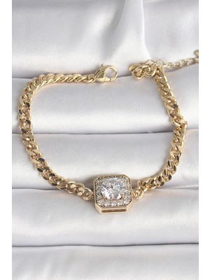 Lowell Home Pirinç Gold Renk Kare Zirkon Taşlı Xuping Exclusive Vıp Seri Kadın Bileklik 5886 - LO0029-5YYKY
