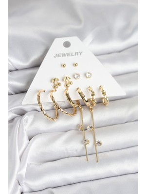 Sbusshop Gold Renk 6 Çift Pirinç Kadın Küpe Seti 5886 - SB001M-48YTS5