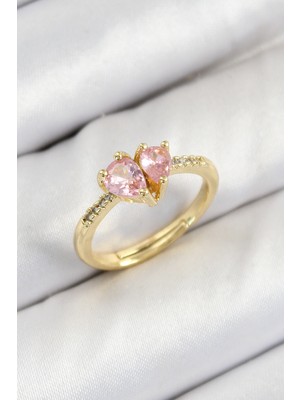 Tgzm Pirinç Zirkon Taşlı Pembe Kalp Model Gold Renk Kadın Yüzük 5886 - TG0012-2QMMI8