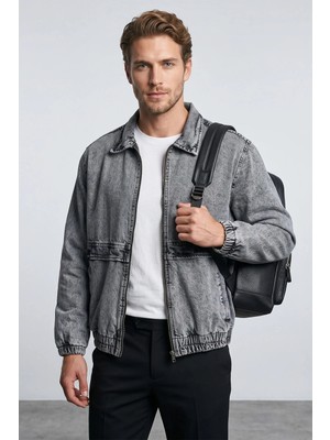FullaModa Fermuarlı Polo Yaka Oversize Kot Ceket