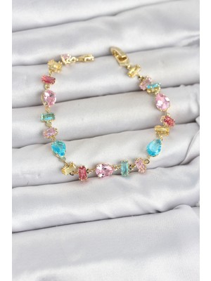Eilo Luxe Kristal Taşlı Baget ve Damla Kesimli Karışık Renkli Gold Renk Gema Kadın Bilek - AA002C-686AT
